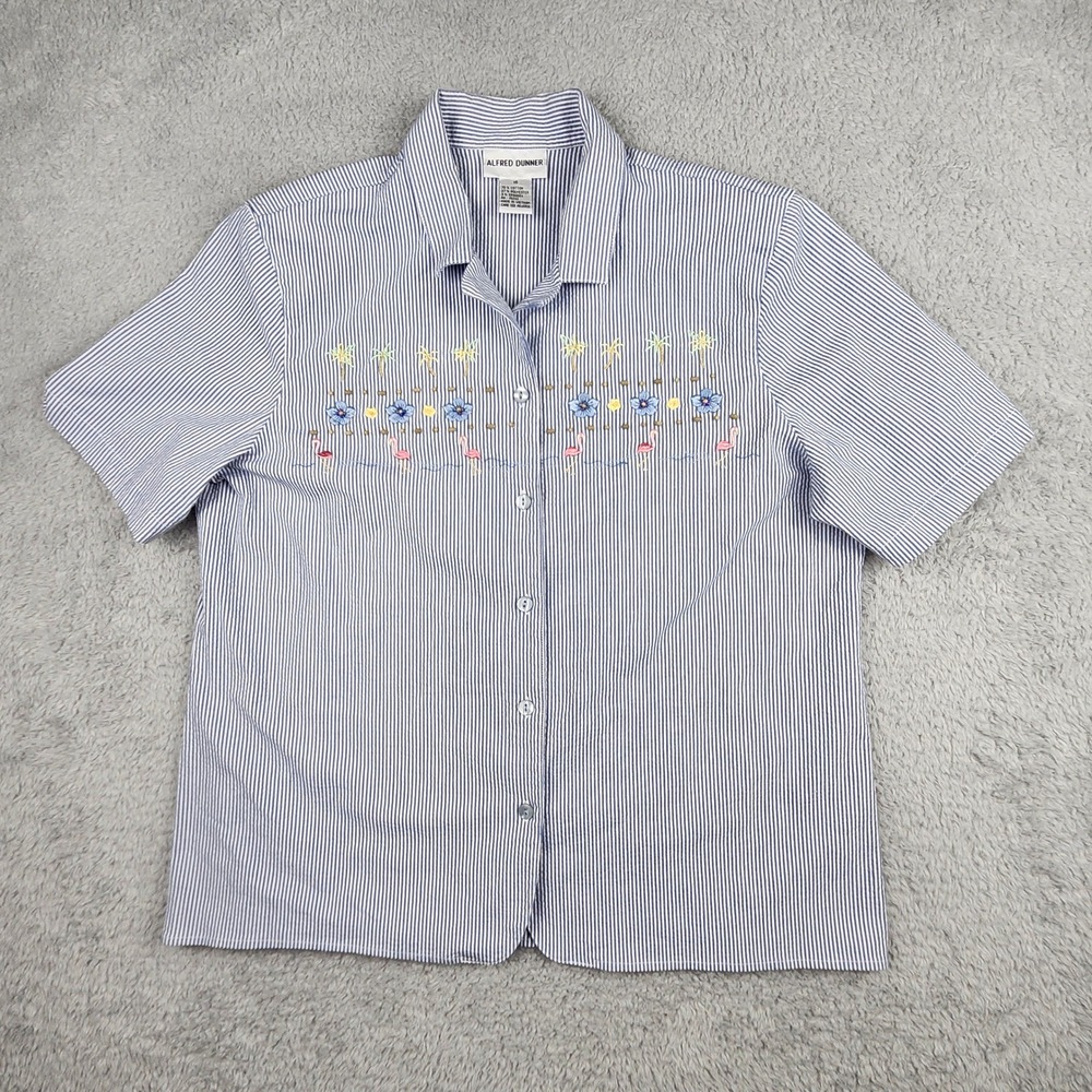 Alfred Dunner Button Up Size 16 Blue Striped Flamingo Embroidery Beaded Coastal - Picture 3 of 8